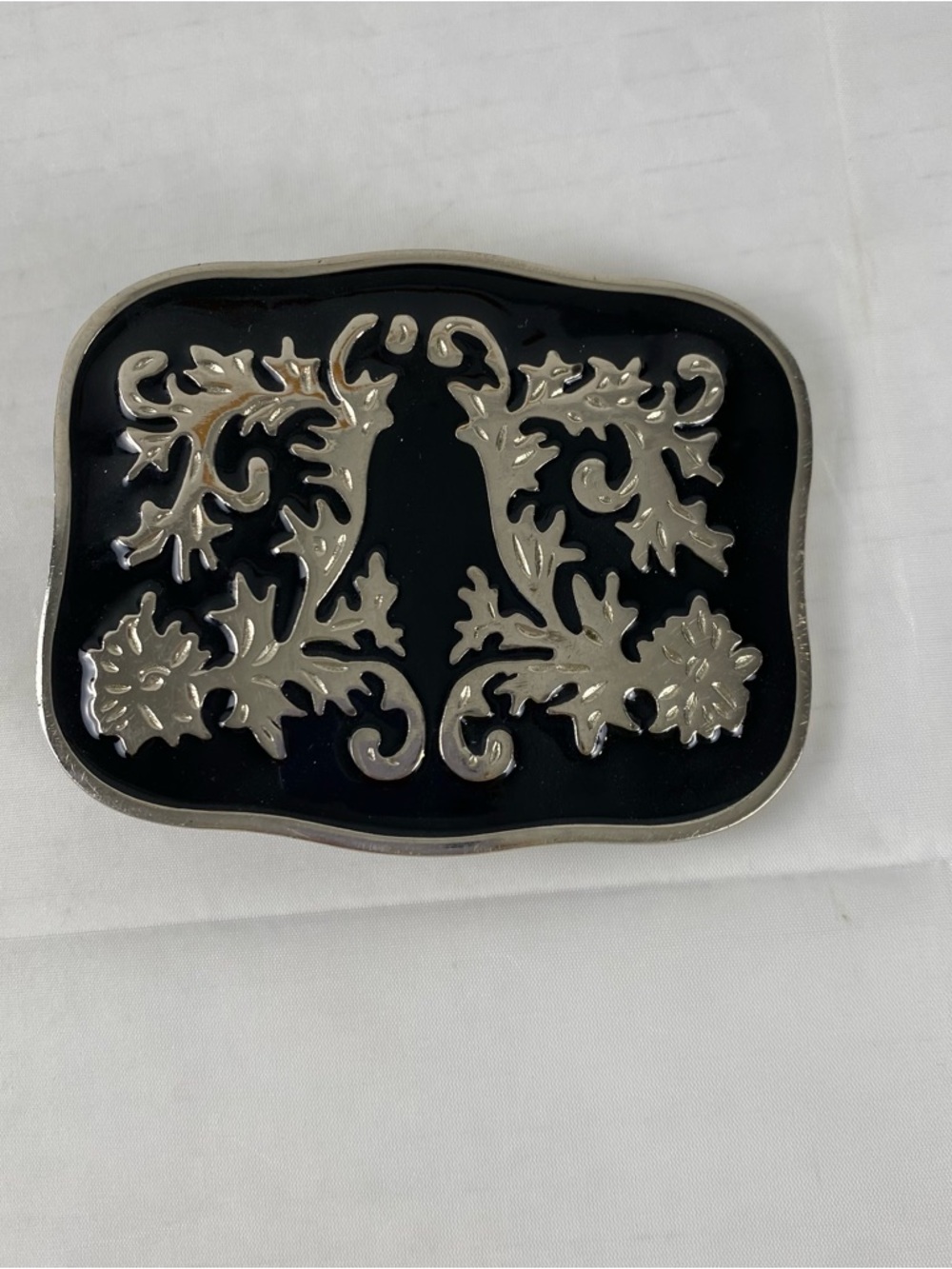 Vintage Style Black Enamel Floral Belt Buckle Silver Tone Western Boho